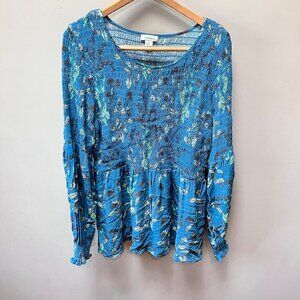 Sundance Womens Round Neck Blue Floral Smocked Tunic Top Sz.‎ S
